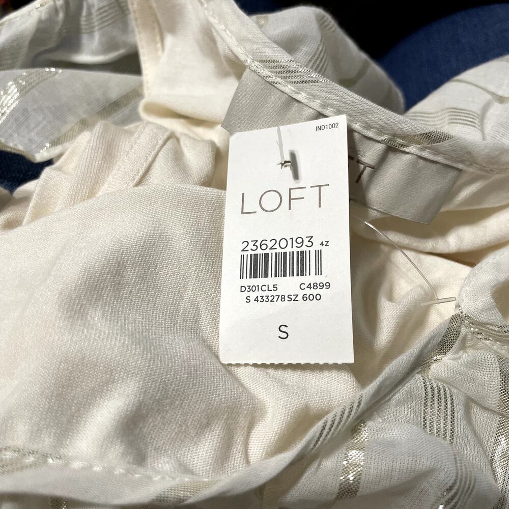 LOFT | NWT Cream & Metallic Gold Stripe Ruffle Accent Cold Shoulder Knit Shirt - Picture 8 of 11